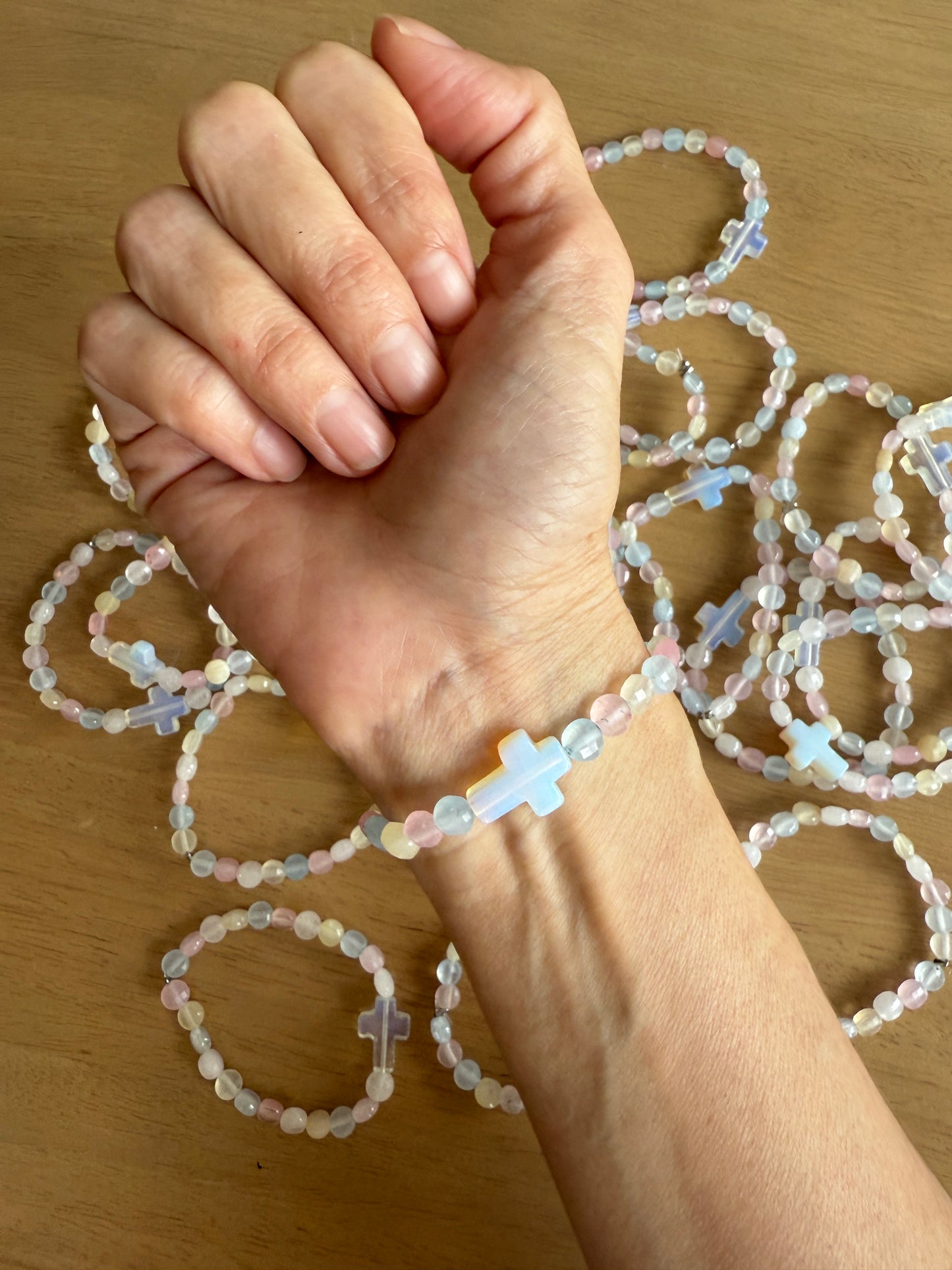 Hand Made "Candy Agate" Stone Bracelet with Opal Cross