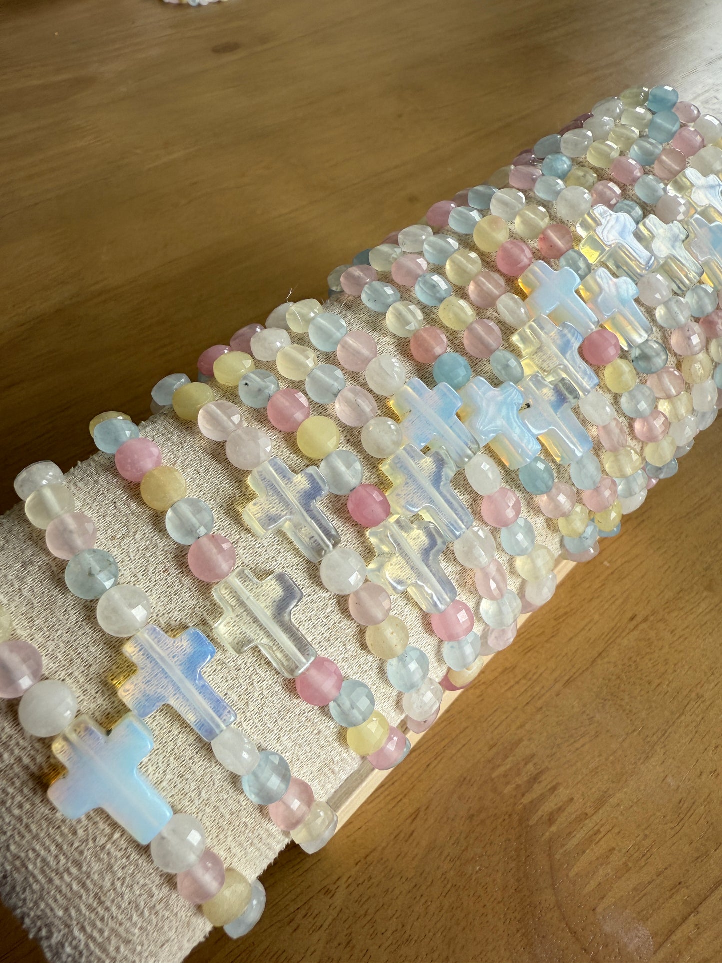Hand Made "Candy Agate" Stone Bracelet with Opal Cross
