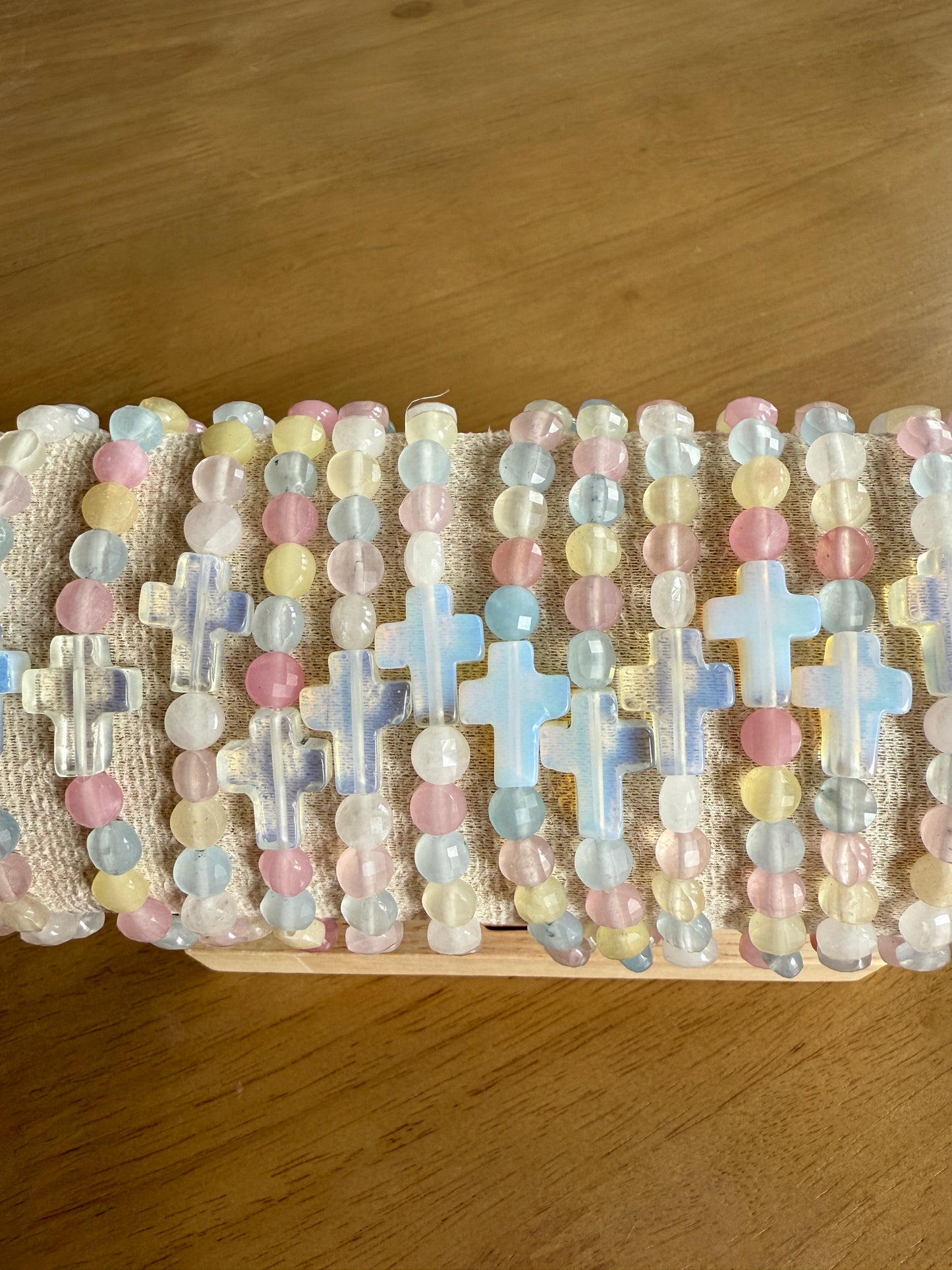 Hand Made "Candy Agate" Stone Bracelet with Opal Cross