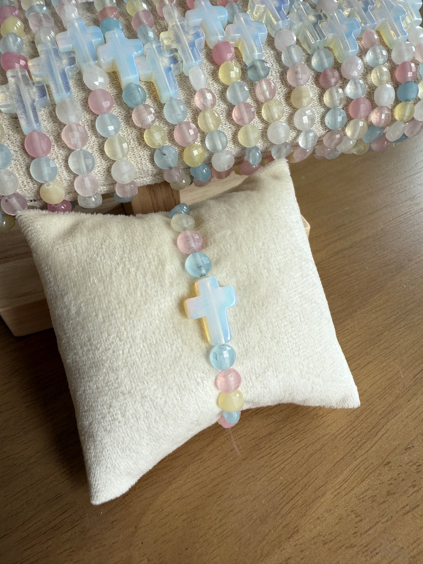 Hand Made "Candy Agate" Stone Bracelet with Opal Cross