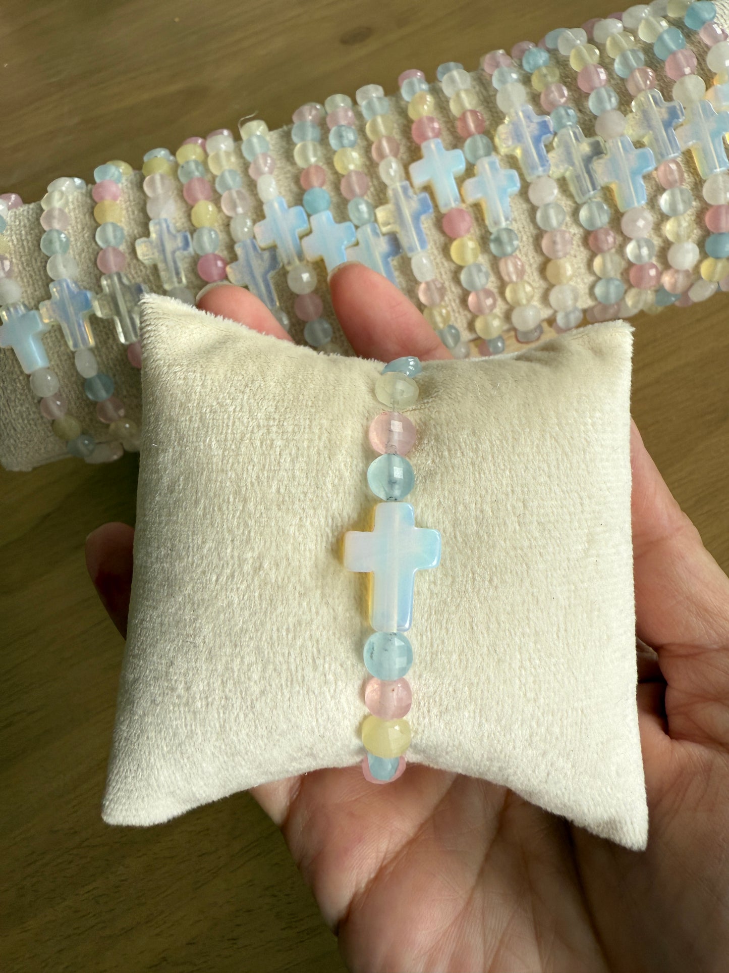 Hand Made "Candy Agate" Stone Bracelet with Opal Cross