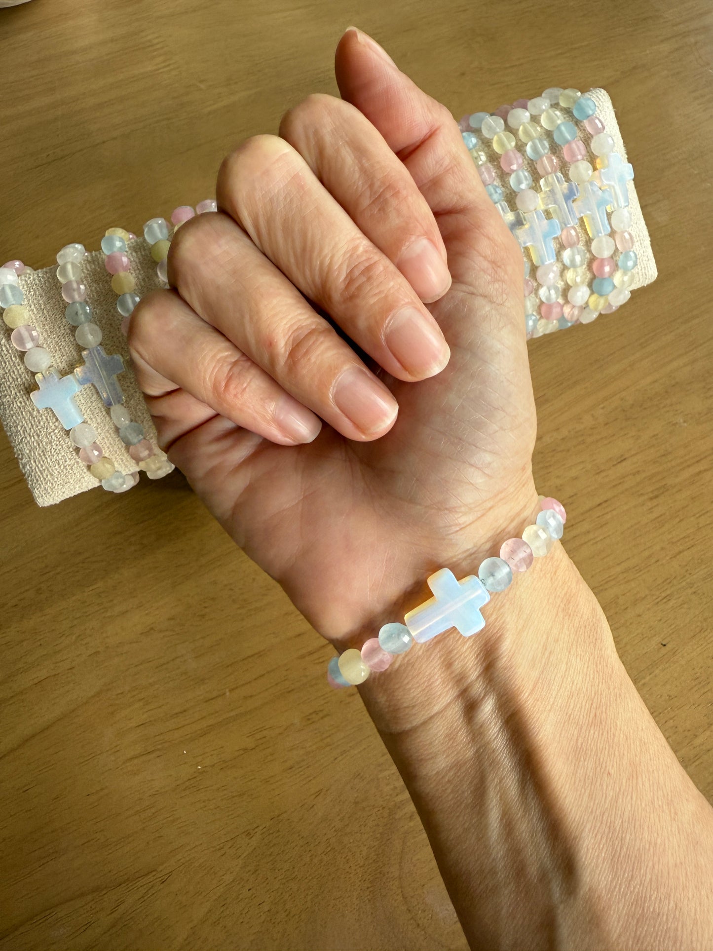 Hand Made "Candy Agate" Stone Bracelet with Opal Cross