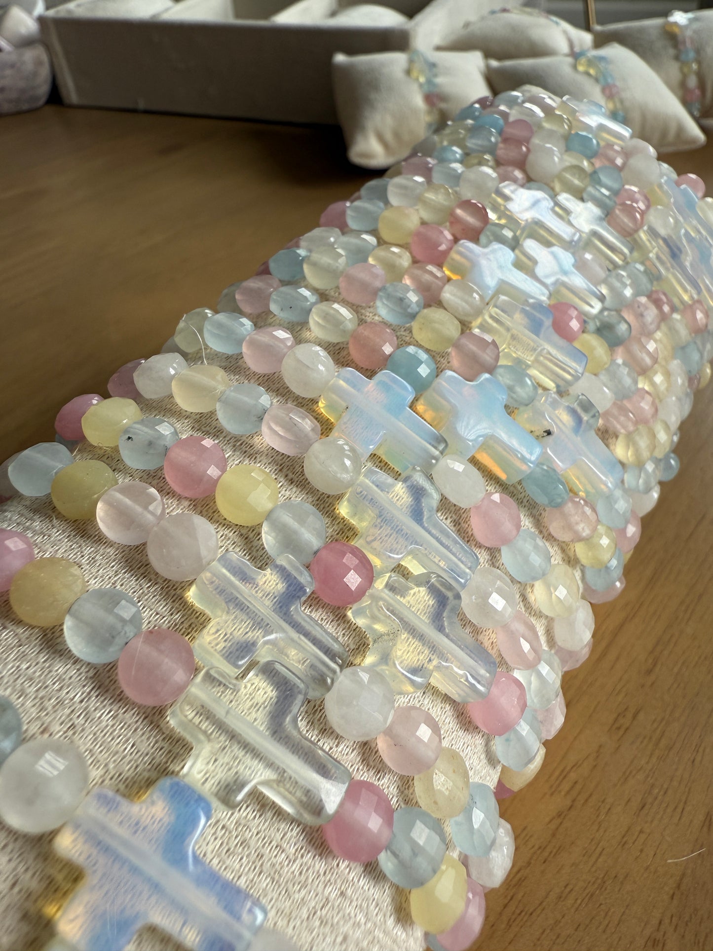 Hand Made "Candy Agate" Stone Bracelet with Opal Cross
