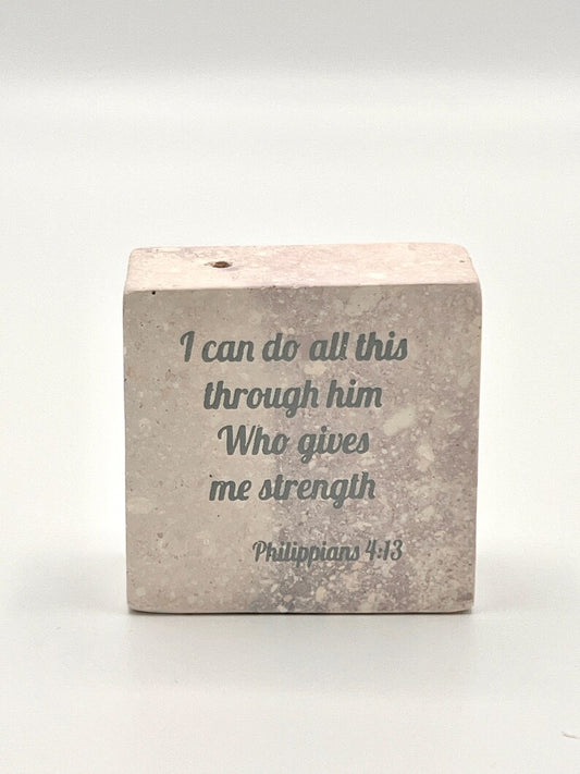 Hand-Carved Soapstone Scripture 2" by 2" - Bible Verse Phillippians 4:13