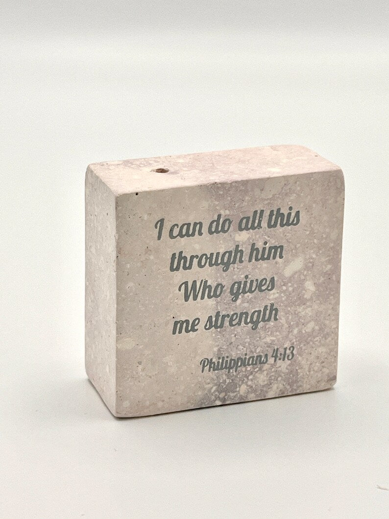 Hand-Carved Soapstone Scripture 2" by 2" - Bible Verse Phillippians 4:13