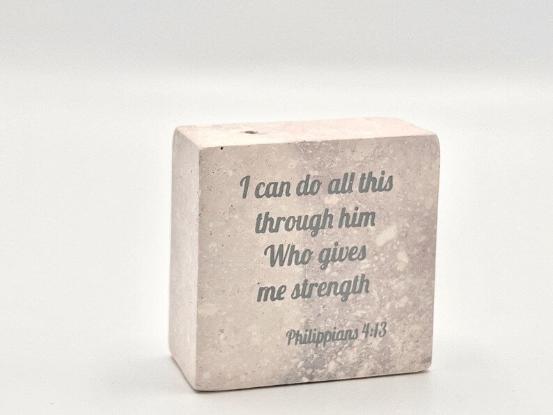 Hand-Carved Soapstone Scripture 2" by 2" - Bible Verse Phillippians 4:13