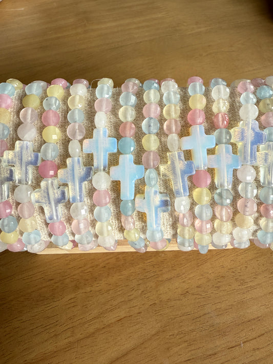 Hand Made "Candy Agate" Stone Bracelet with Opal Cross