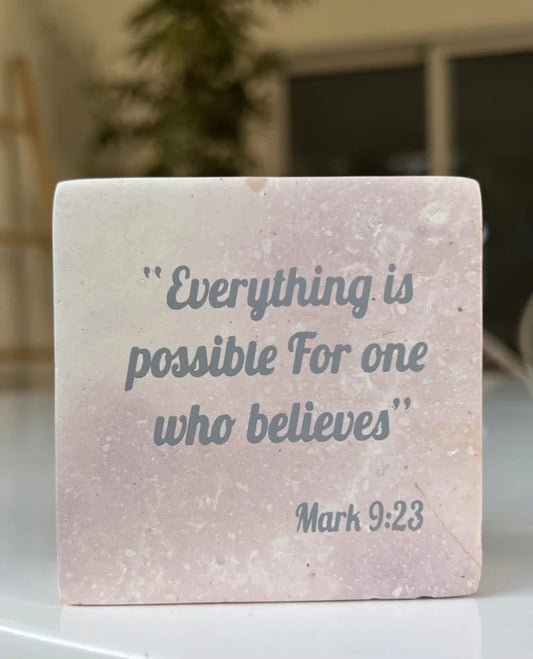Hand-Carved Soapstone Scripture 3" by 3" - Bible Verse Mark 9:23