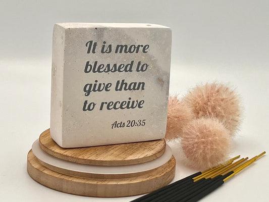 Hand-Carved Soapstone Scripture 3" by 3" - Bible Verse Acts 20:35