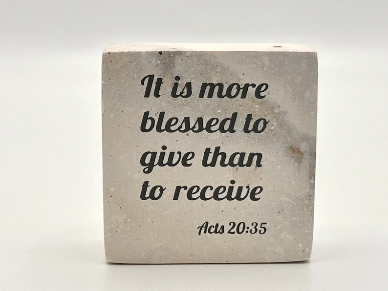 Hand-Carved Soapstone Scripture 3" by 3" - Bible Verse Acts 20:35