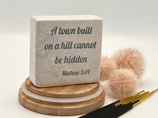Hand-Carved Soapstone Scripture 3" by 3" - Bible Verse Mathew 5:14