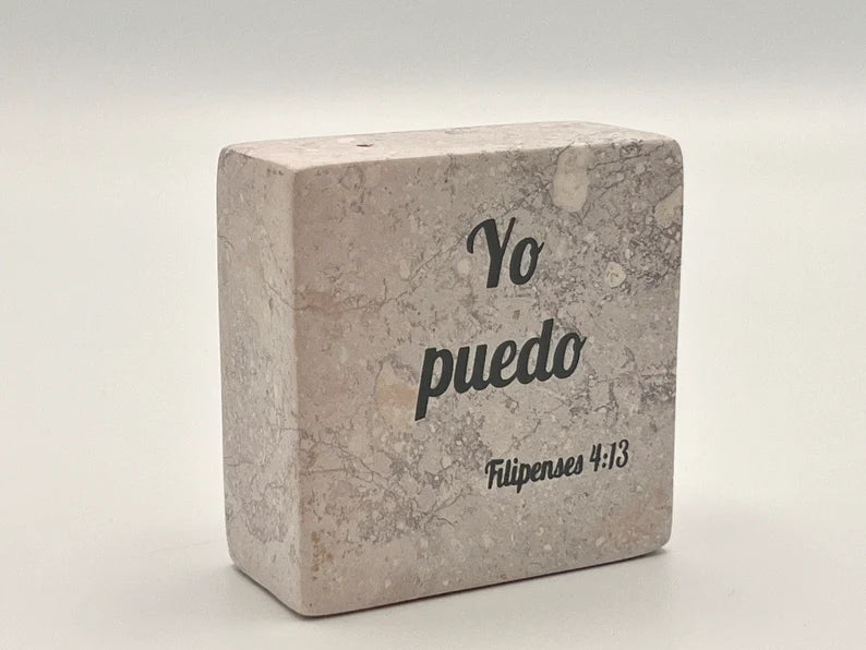 Hand-Carved Soapstone Scripture 3" by 3" - Bible Verse Filipenses 4:13 - Español