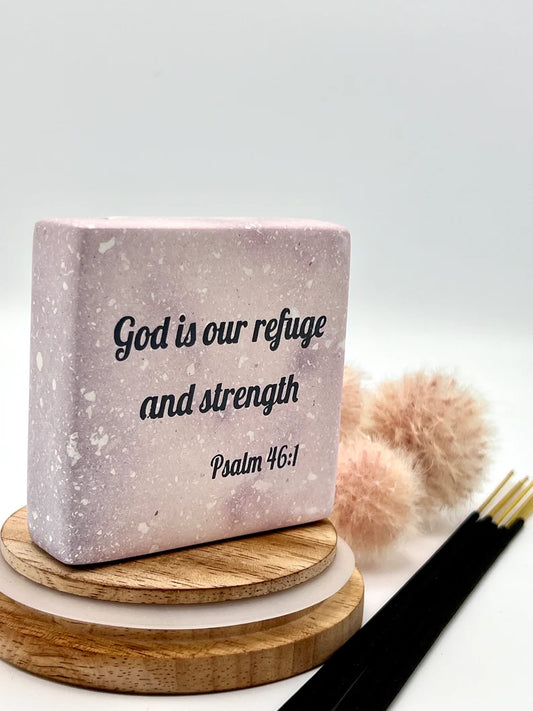 Hand-Carved Soapstone Scripture 3" by 3" - Bible Verse Psalm 46:1
