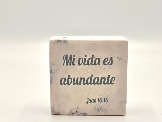 Hand-Carved Soapstone Scripture 3" by 3" - Bible Verse Juan 10:10 - Español