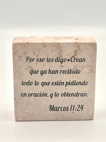 Hand-Carved Soapstone Scripture 3" by 3" - Bible Verse Marcos 11:24 - Español