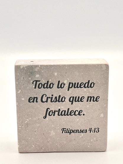 Hand-Carved Soapstone Scripture 3" by 3" - Bible Verse Filipenses 4:13 - Español