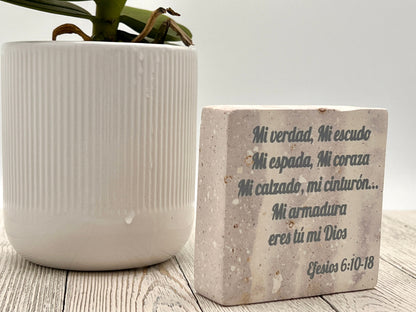 Hand-Carved Soapstone Scripture 3" by 3" - Bible Verse Efesios 6:10-18