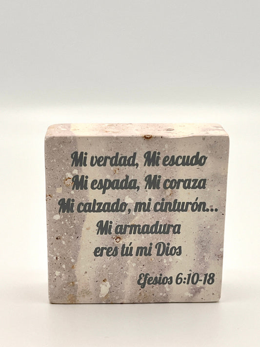 Hand-Carved Soapstone Scripture 3" by 3" - Bible Verse Efesios 6:10-18