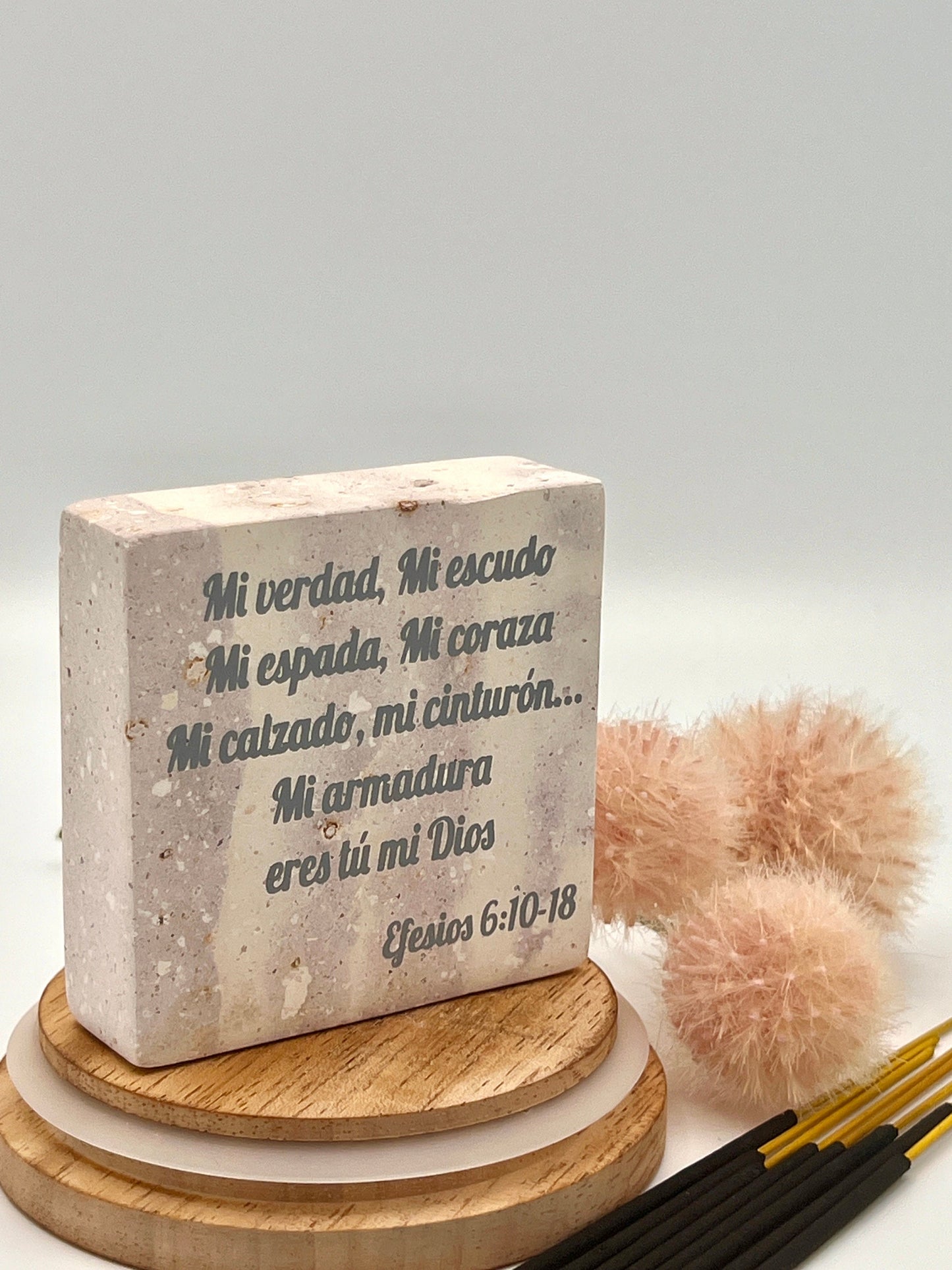 Hand-Carved Soapstone Scripture 3" by 3" - Bible Verse Efesios 6:10-18