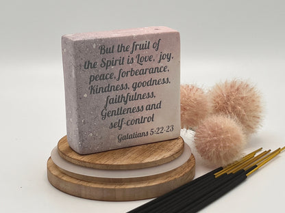 Hand-Carved Soapstone Scripture 3" by 3" - Bible Verse Galatians 5:22-23