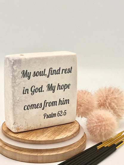 Hand-Carved Soapstone Scripture 3" by 3" - Bible Verse Psalm 62:5