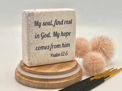 Hand-Carved Soapstone Scripture 3" by 3" - Bible Verse Psalm 62:5