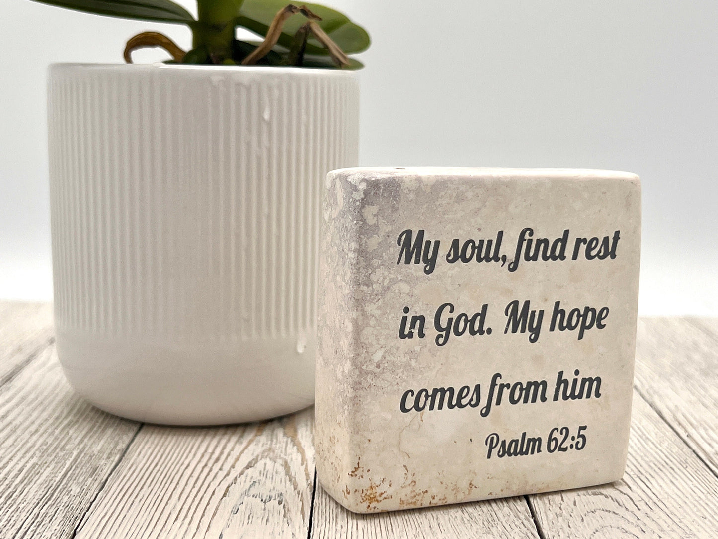 Hand-Carved Soapstone Scripture 3" by 3" - Bible Verse Psalm 62:5