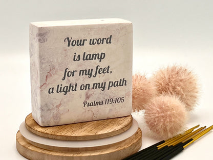 Hand-Carved Soapstone Scripture 3" by 3" - Bible Verse Psalms 119:105