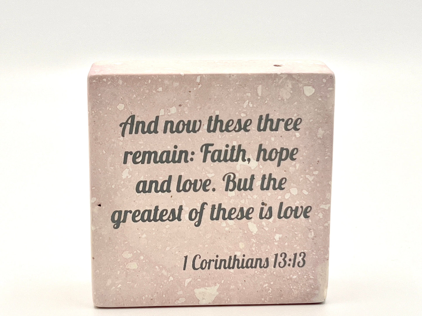 Hand-Carved Soapstone Scripture 3" by 3" - Bible Verse 1 Corinthians 13:13