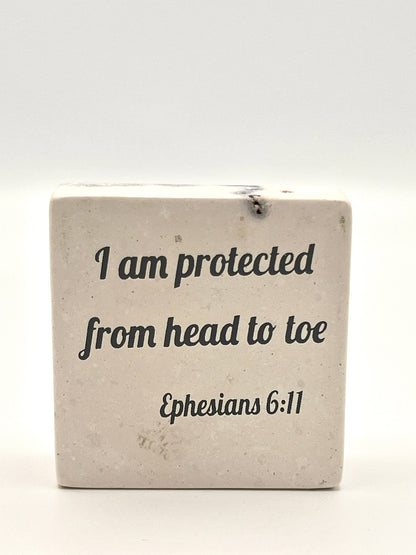 Hand-Carved Soapstone Scripture 3" by 3" - Bible Verse Ephesians 6:11