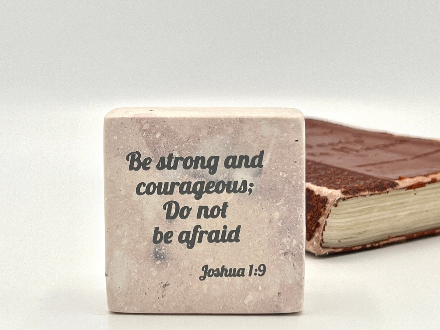 Hand-Carved Soapstone Scripture 2" by 2" - Bible Verse Joshua 1:9