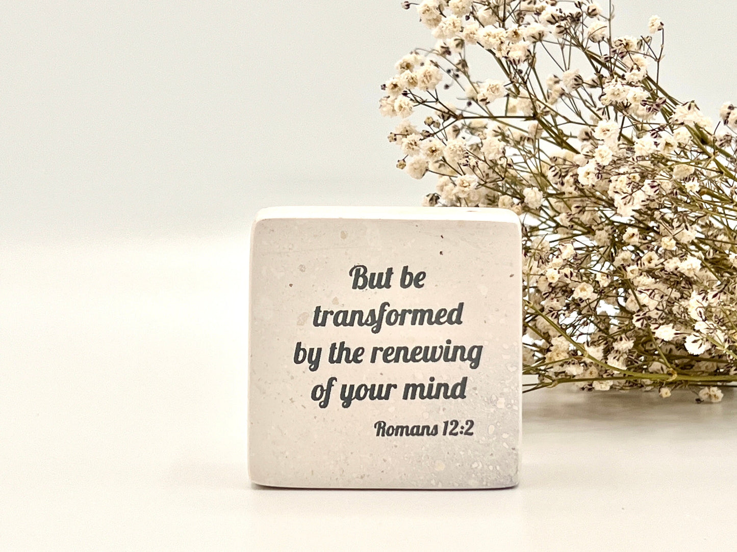 Hand-Carved Soapstone Scripture 2" by 2" - Bible Verse Romans 12:2