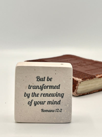 Hand-Carved Soapstone Scripture 2" by 2" - Bible Verse Romans 12:2