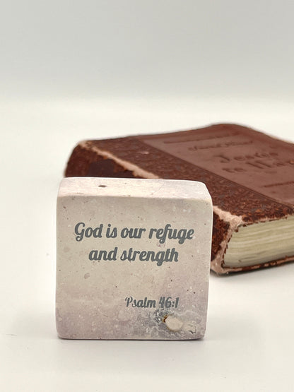 Hand-Carved Soapstone Scripture 2" by 2" - Bible Verse Psalm 46:1