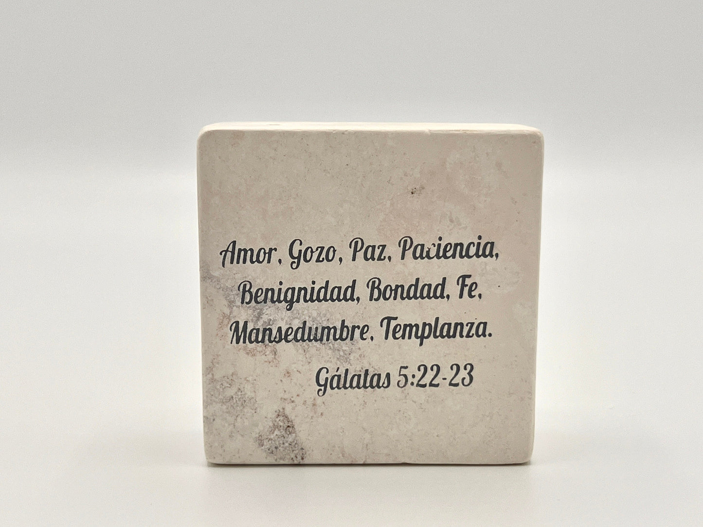 Hand-Carved Soapstone Scripture 3" by 3" - Bible Verse Gálatas 5:22-23 - Español