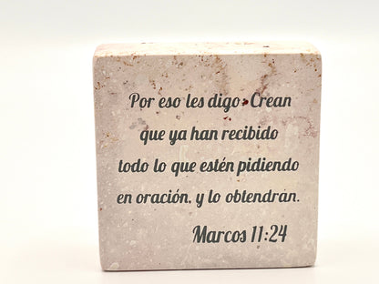 Hand-Carved Soapstone Scripture 3" by 3" - Bible Verse Marcos 11:24 - Español