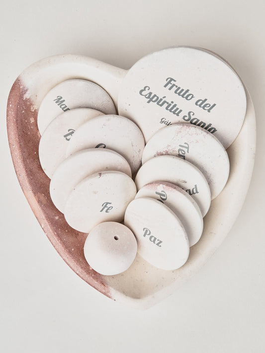 Hand-Carved Soapstone Heart - Fruits of The Holy Spirit - 9 piece set - Español