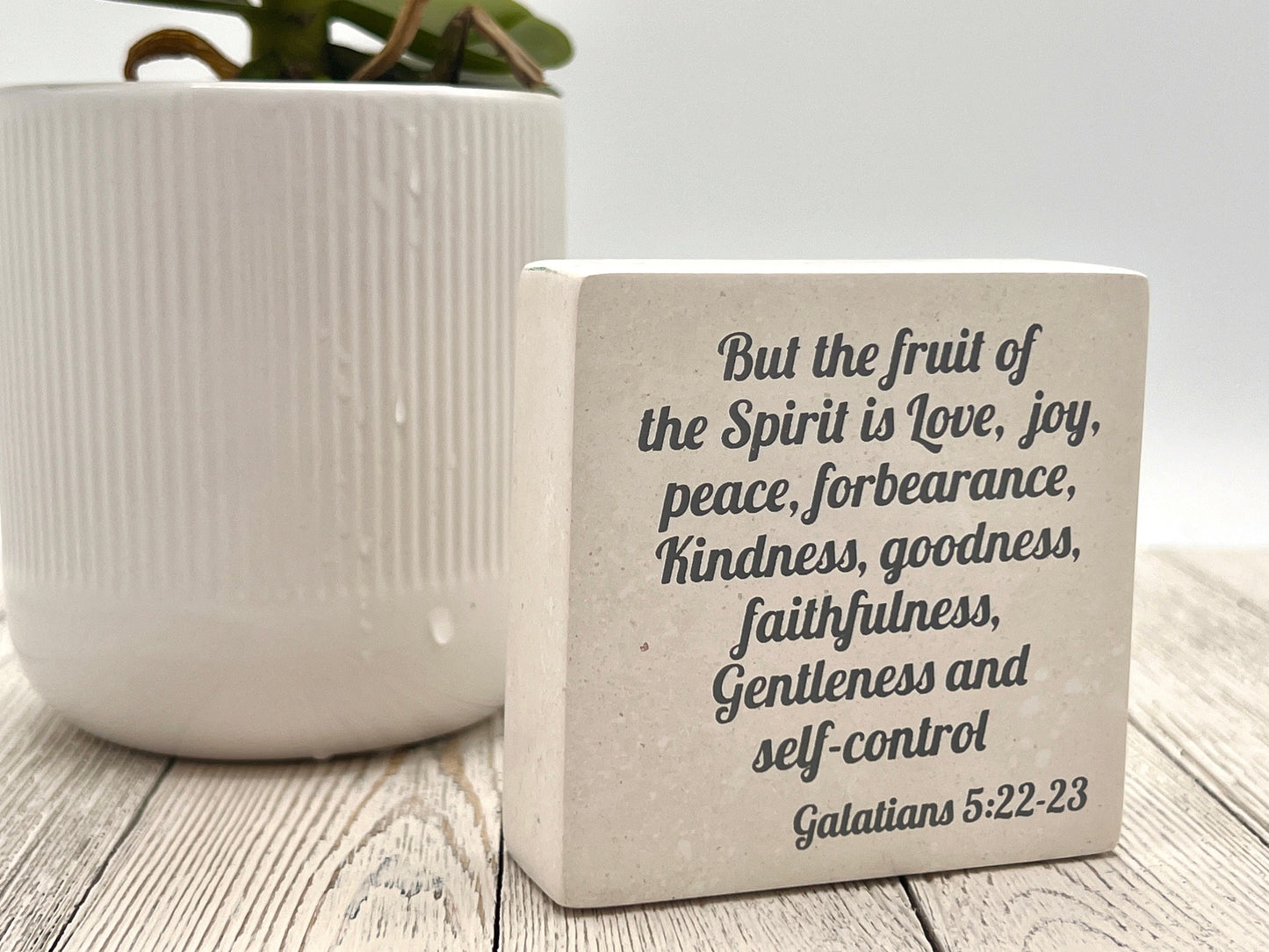 Hand-Carved Soapstone Scripture 3" by 3" - Bible Verse Galatians 5:22-23