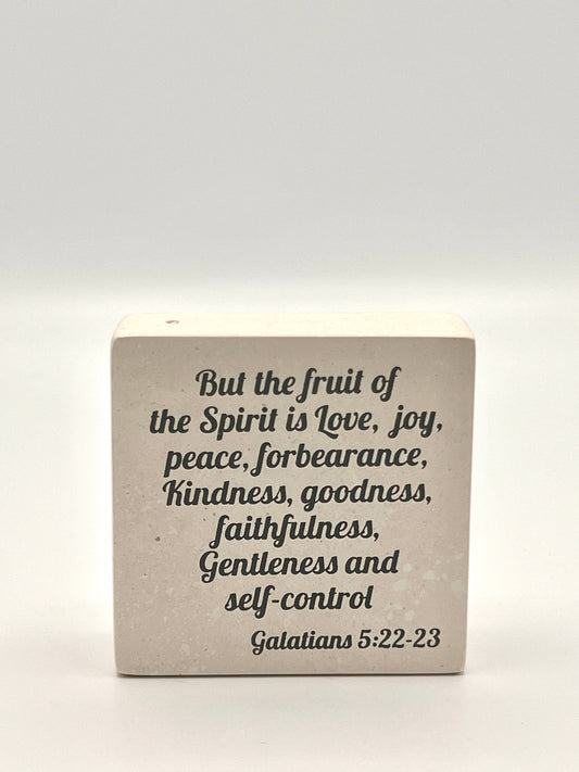Hand-Carved Soapstone Scripture 3" by 3" - Bible Verse Galatians 5:22-23