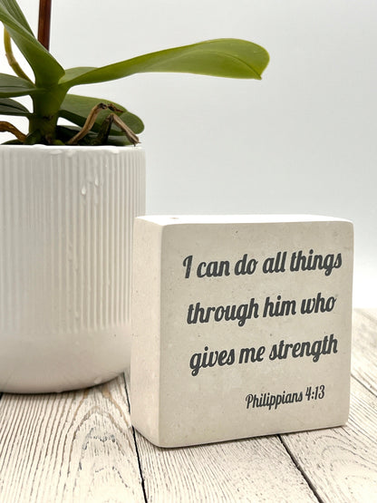 Hand-Carved Soapstone Scripture 3" by 3" - Bible Verse Philippians 4:13