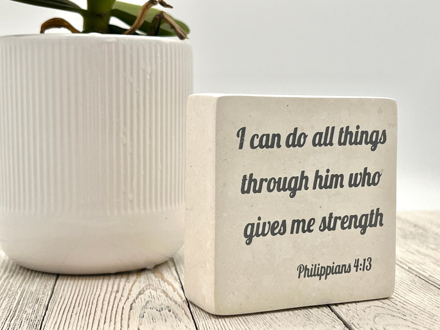 Hand-Carved Soapstone Scripture 3" by 3" - Bible Verse Philippians 4:13