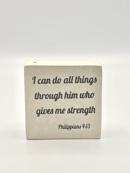 Hand-Carved Soapstone Scripture 3" by 3" - Bible Verse Philippians 4:13