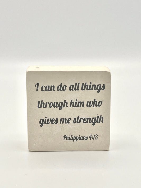 Hand-Carved Soapstone Scripture 3" by 3" - Bible Verse Philippians 4:13