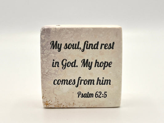 Hand-Carved Soapstone Scripture 3" by 3" - Bible Verse Psalm 62:5