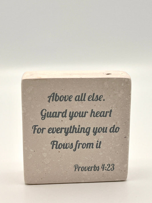 Hand-Carved Soapstone Scripture 3" by 3" - Bible Verse Proverbs 4:23