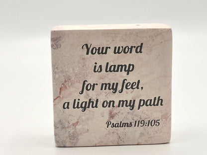 Hand-Carved Soapstone Scripture 3" by 3" - Bible Verse Psalms 119:105