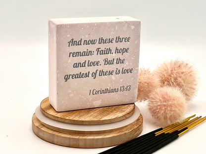 Hand-Carved Soapstone Scripture 3" by 3" - Bible Verse 1 Corinthians 13:13