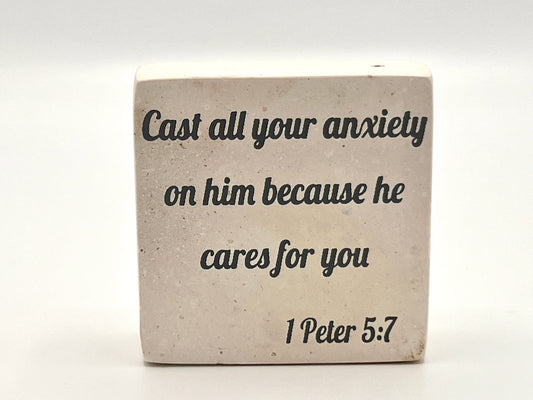 Hand-Carved Soapstone Scripture 3" by 3" - Bible Verse 1 Peter 5:7