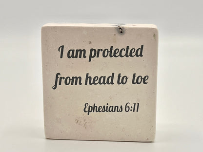 Hand-Carved Soapstone Scripture 3" by 3" - Bible Verse Ephesians 6:11