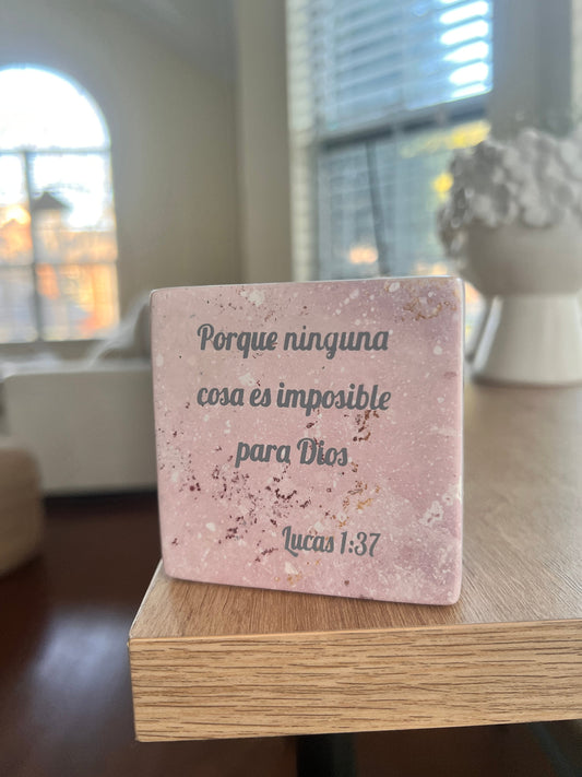 Hand-Carved Soapstone Scripture 3" by 3" - Bible Verse Lucas 1:37 - Español